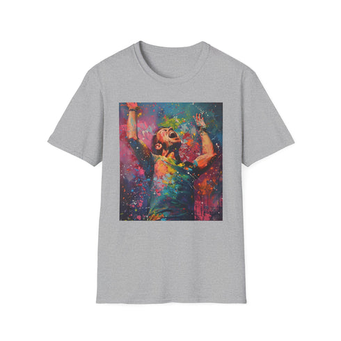 Charcoal cotton crew neck T-shirt with vibrant Coldplay portrait painting