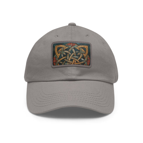 Elegant Celtic knot design white hat with light brown patch.