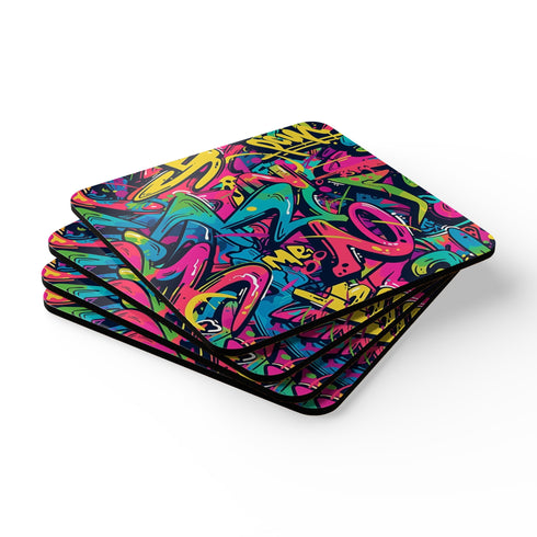 Neon graffiti square corkwood coaster set for kitchen and desks.