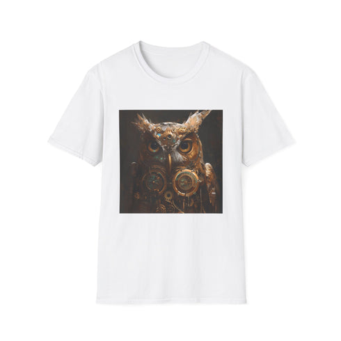 Steampunk owl charcoal t-shirt with gears mechanical wings and breathable cotton fabric