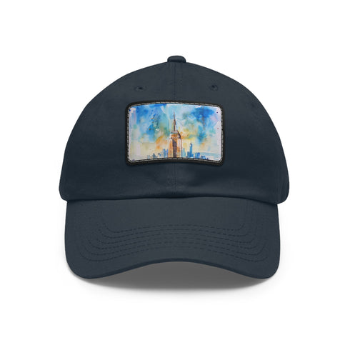 Modern watercolor Empire State Building baseball cap in white with light brown rectangle patch.