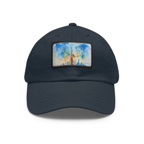 Empire State watercolor baseball cap in white with light brown patch.