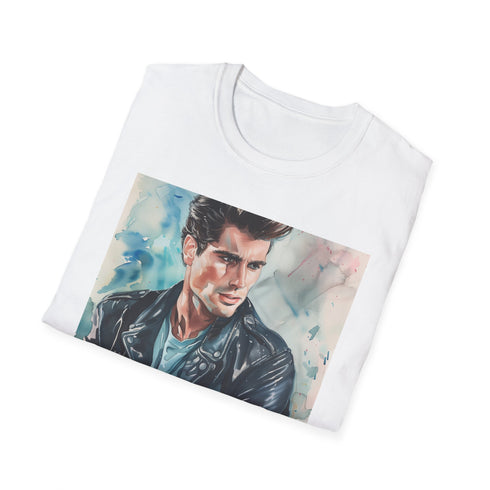 Charcoal watercolor Travolta t-shirt capturing Danny Zuko's iconic style