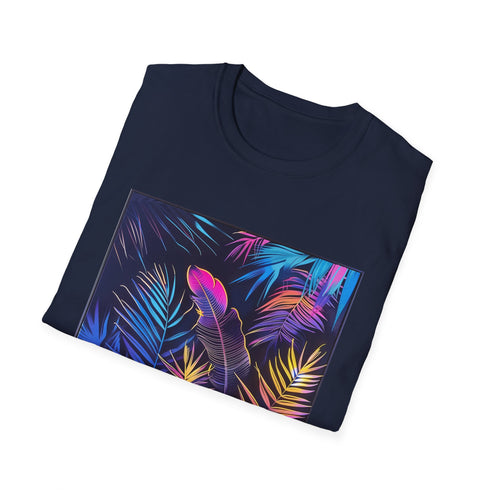 Neon palm charcoal cotton t-shirt with vibrant tropical paradise design