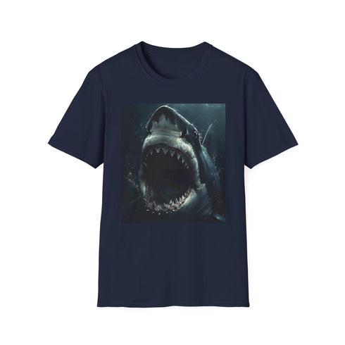 Charcoal cotton t-shirt featuring bold great white shark painting design
