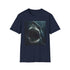 Charcoal cotton t-shirt featuring bold great white shark painting design