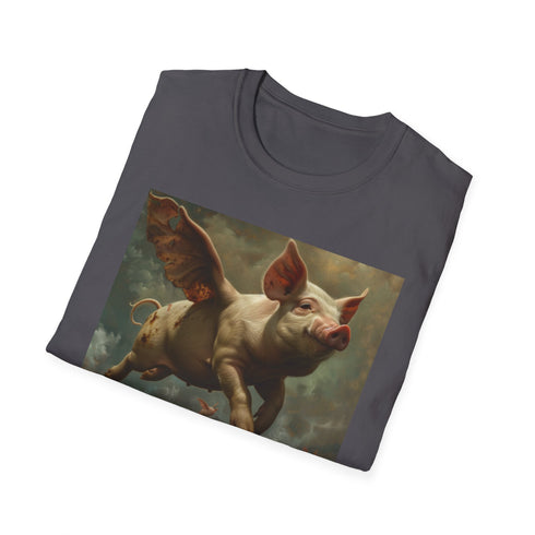 Surreal Flight Flying Pigs T-Shirt in Charcoal, Summer Pixel Art Stylish.
