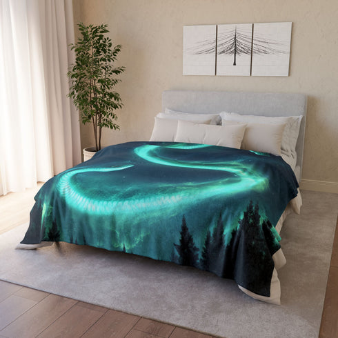 Aurora in Shape of Serpent Above Forest — Plush Fleece Throw Blanket — Product Detail View 12