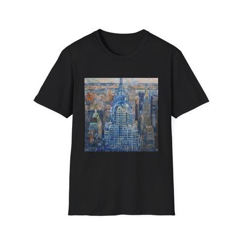 Charcoal crew neck t-shirt with watercolor Chrysler Building design