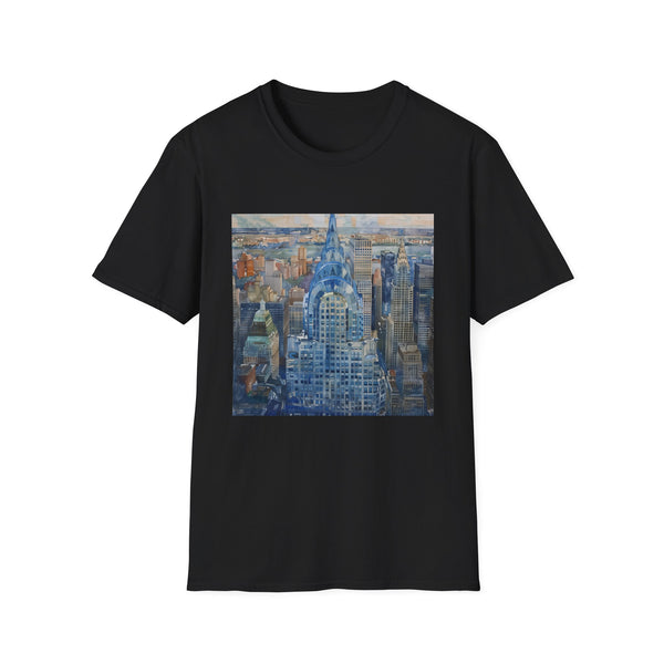 Charcoal crew neck t-shirt with watercolor Chrysler Building design