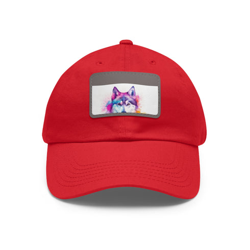 White baseball cap with adorable husky design, rectangle patch.