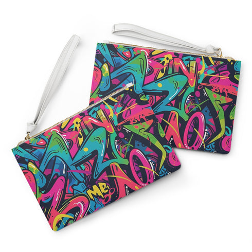 Bold neon graffiti clutch bag, all-over print, vibrant urban pattern, vegan design.