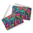 Bold neon graffiti clutch bag, all-over print, vibrant urban pattern, vegan design.