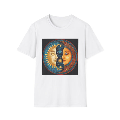Charcoal cotton T-shirt with intricate mandala sun and moon design