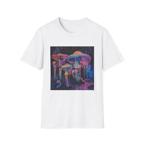Charcoal psychedelic mushroom T-shirt with vibrant colors and crew neck design