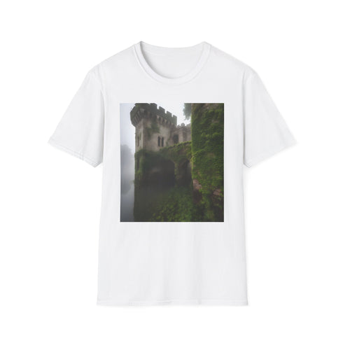 Charcoal crew neck t-shirt featuring an ancient castle with vibrant ivy design