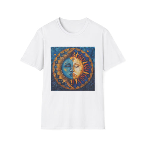 Charcoal cotton t-shirt with intricate sun and moon mandala design