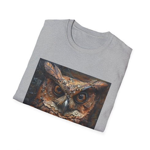 Steampunk owl charcoal t-shirt with gears and cogs detail.