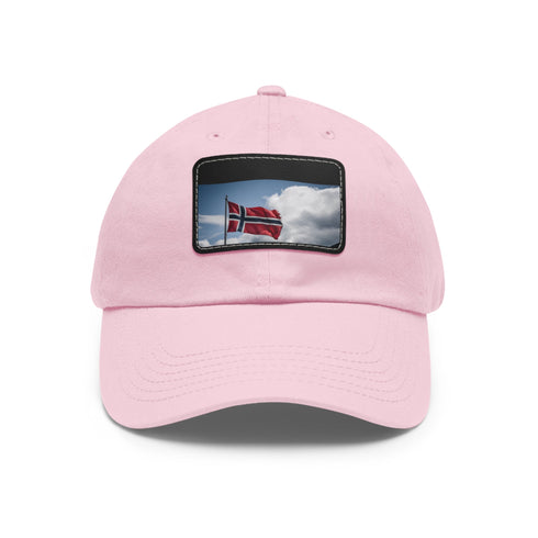 White cotton baseball cap with Norwegian flag patch.