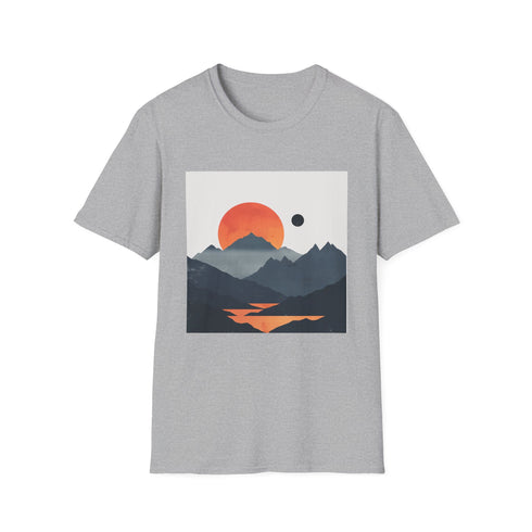 Minimalist charcoal T-shirt with mountain sunrise design made from soft cotton