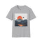 Minimalist charcoal T-shirt with mountain sunrise design made from soft cotton