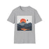 Minimalist charcoal T-shirt with mountain sunrise design made from soft cotton