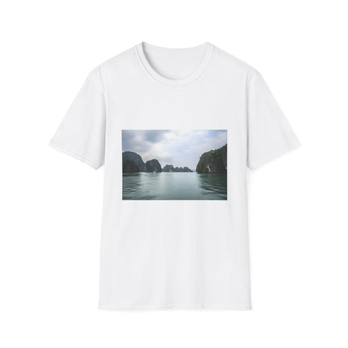 DTG charcoal crew neck T-shirt with Halong Bay inspired serene sea print
