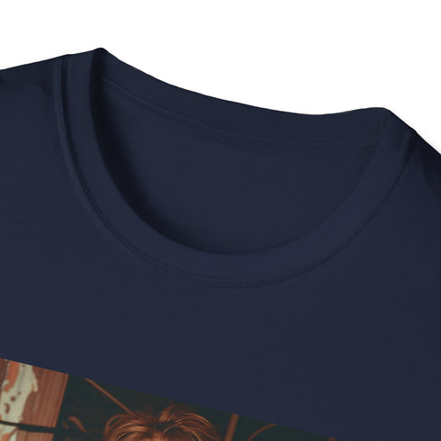 Charcoal crew neck t-shirt with 90s grunge nostalgic distressed design