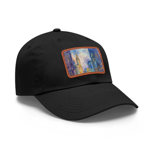 Watercolor Chicago skyline baseball cap in white with light brown patch.