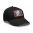 Watercolor Chicago skyline baseball cap in white with light brown patch.