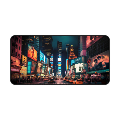 Nighttime Times Square desk mat with vibrant urban photograph.