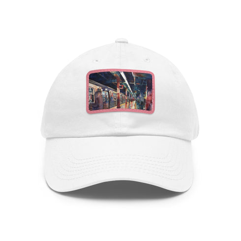 Watercolor NYC Subway Sunset Cap, White/Light Brown Patch, Unisex, Vegan.