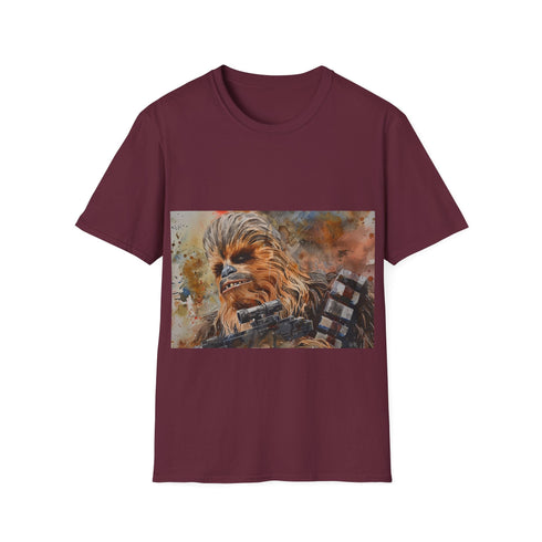 Charcoal crew neck tee with colorful Chewbacca watercolor design