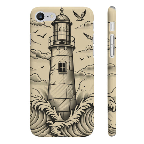 Hand-drawn lighthouse phone case for iPhone 7/8 Plus, glossy finish.