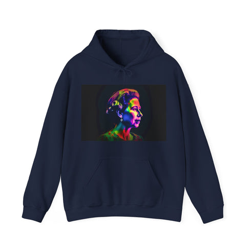 Young Queen Elizabeth Majesty Hoodie in Navy, Size S. Bright Watercolor Portrait.