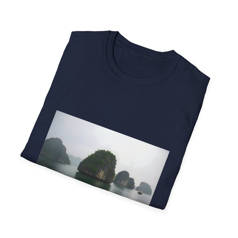 Charcoal cotton T-shirt featuring serene emerald waters and limestone karsts design