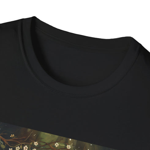 Charcoal t-shirt with forest creatures in vivid detailed direct-to-garment print