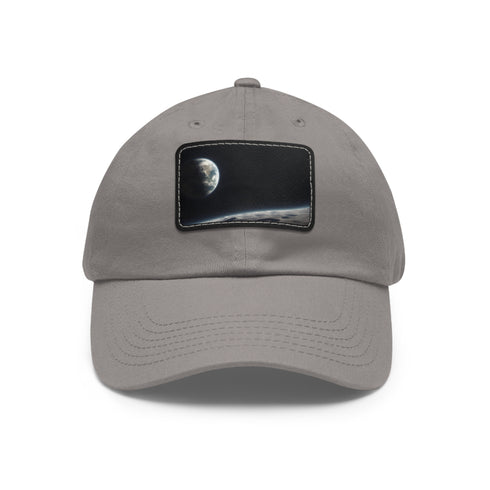 White cotton Earths Horizon cap with light brown patch and rectangular shape.