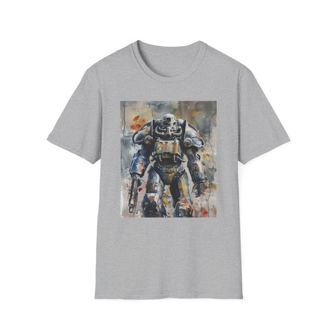 Charcoal cotton crew neck t-shirt with watercolor Fallout Power Armor design