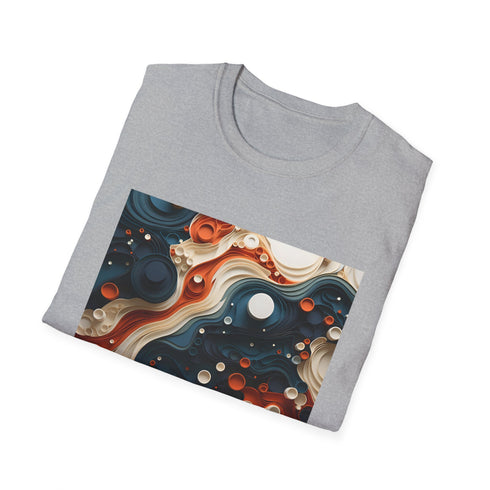 Abstract charcoal T-shirt with vibrant colors and fluid geometric design