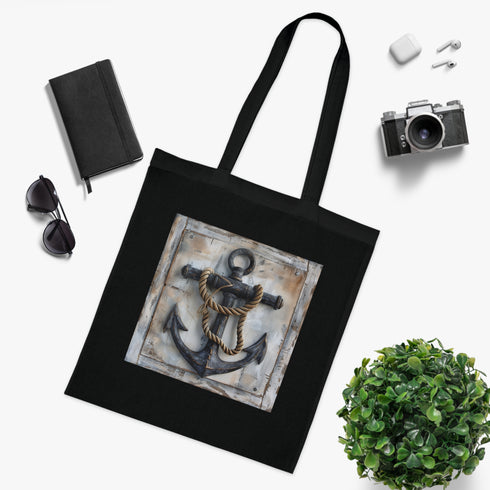 Nautical anchor design black cotton tote bag for seaside adventures.