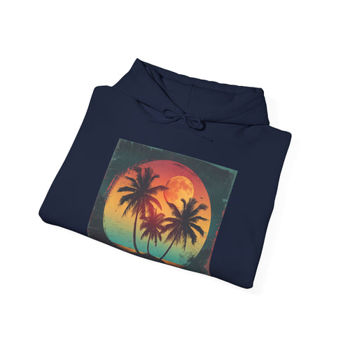 Tropical sunset navy hoodie with retro palm tree design, peaceful vibes.