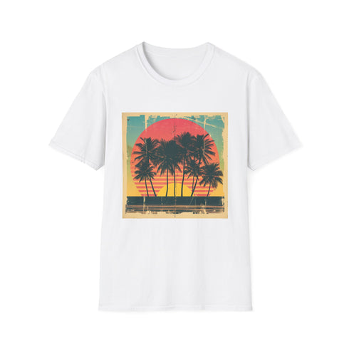 Retro palm tree sunset graphic tee in charcoal, size small.