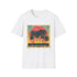 Retro palm tree sunset graphic tee in charcoal, size small.
