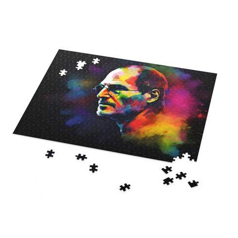 Neon watercolor puzzle featuring visionary Steve Jobs in vibrant colors.