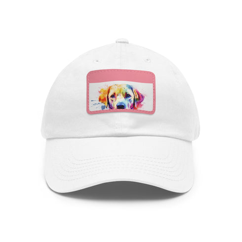 White cotton baseball hat with cute Labrador design.