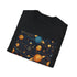 Celestial charcoal cotton T-shirt featuring whimsical star and moon pattern
