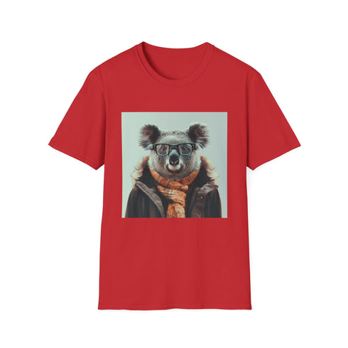 Charcoal cotton t-shirt featuring hipster koala with tea and books design