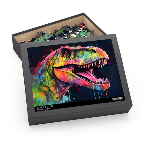 Vibrant neon T-Rex watercolor puzzle, challenging 120 pcs, perfect gift.