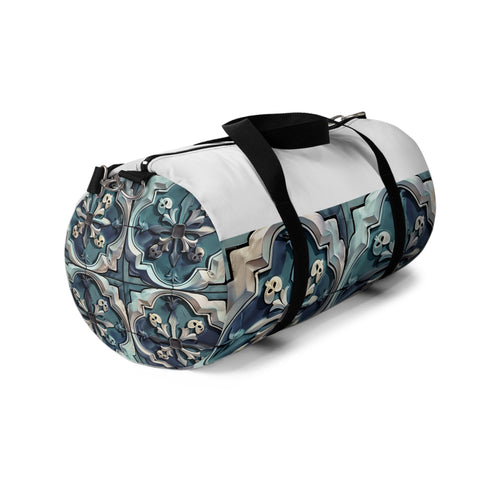 Artisan tile duffel bag with seamless mosaic pattern for chic travel.